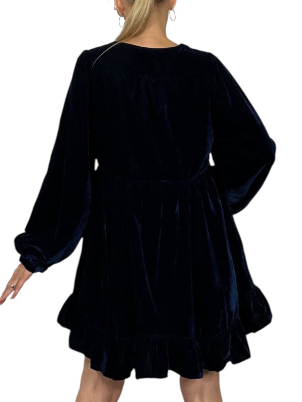 Free People Estella Velvet Mini Dress S Blue Babydoll Long Sleeve - Picture 3 of 16